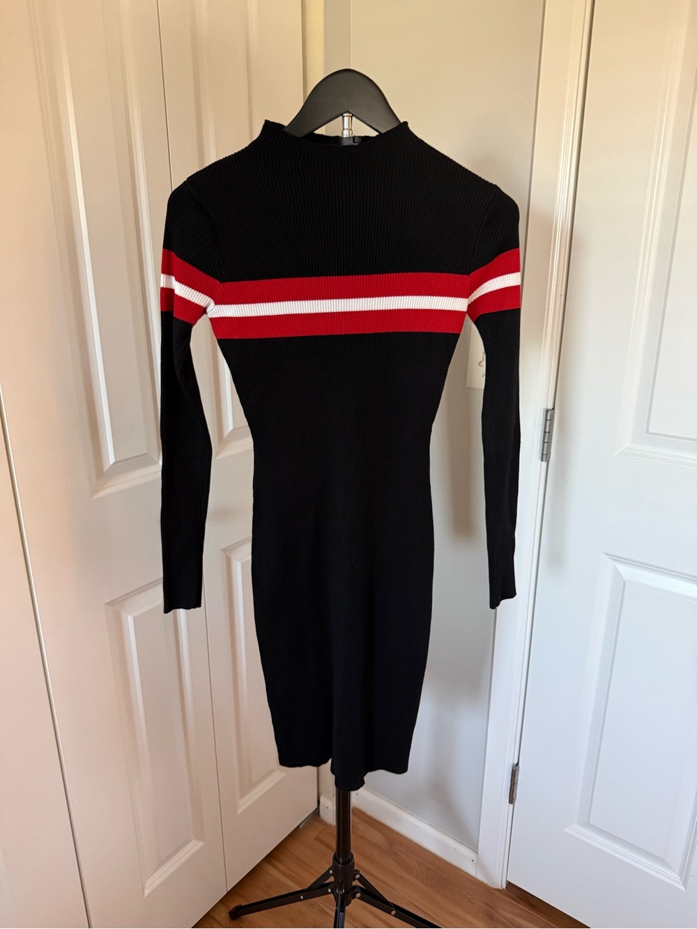 Lulu's Black Ribbed Long Sleeve Dress with Red & White Stripes